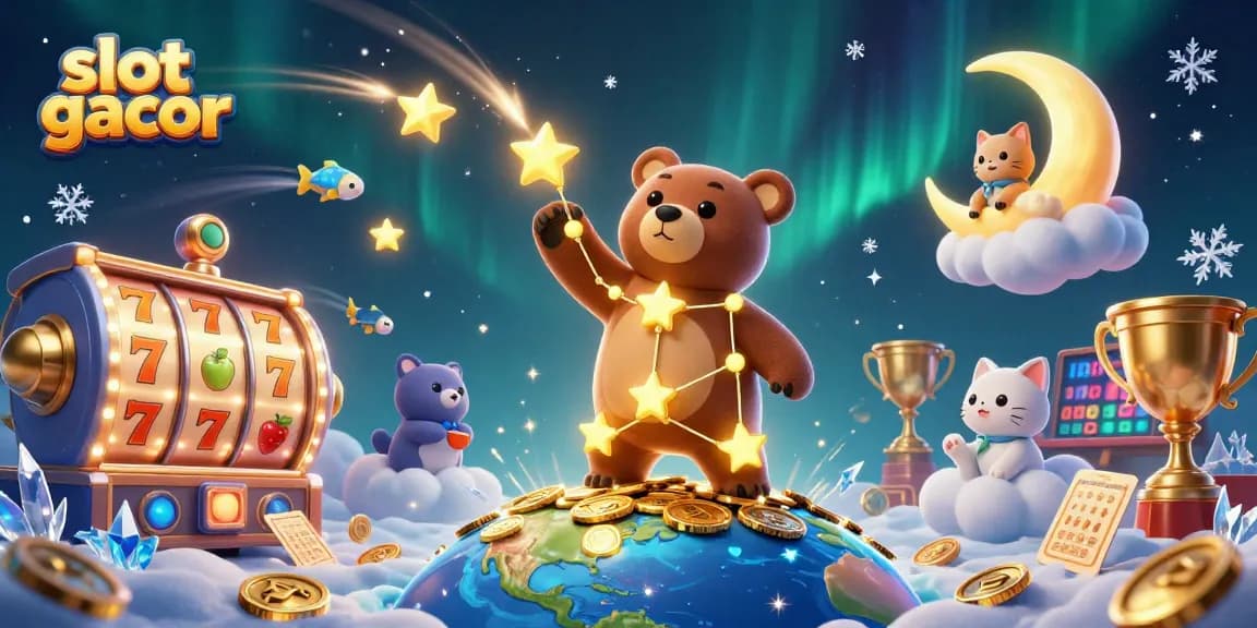 Permainan slot gacor yang menyenangkan dengan karakter 3D berbintang mengumpulkan koin dari bawah.