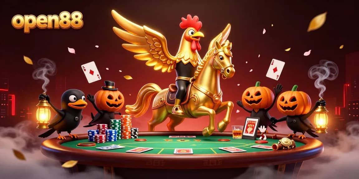 Join the thrill at open88 with a spectacular casino scene featuring a golden rooster and pumpkin-headed crows.