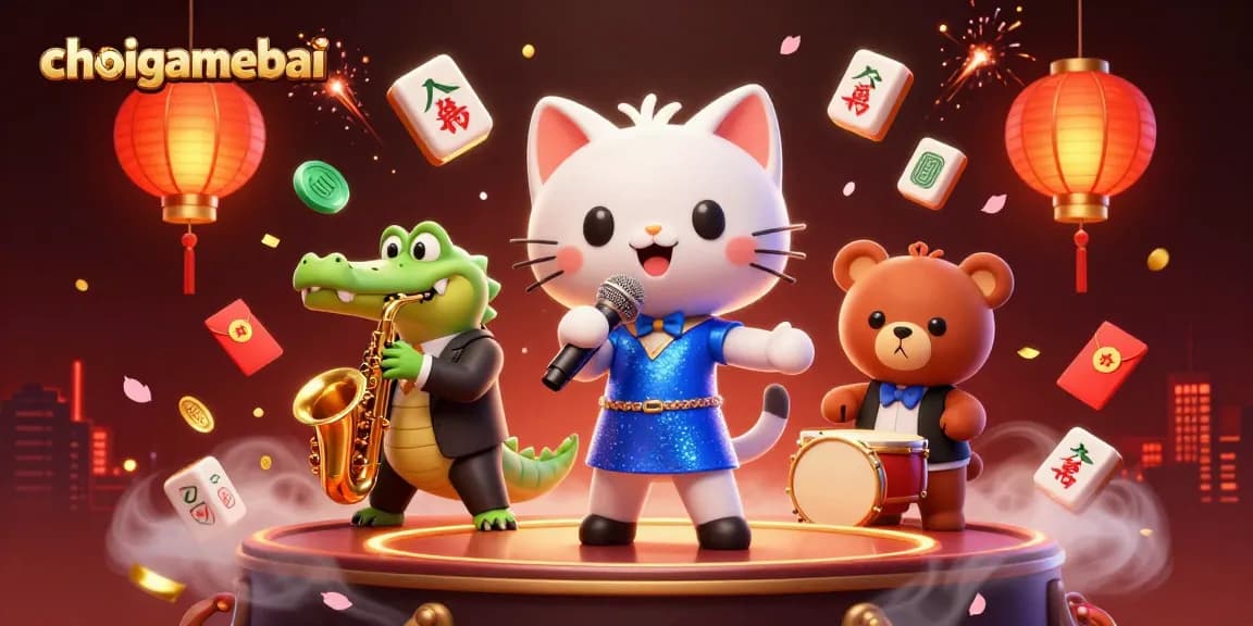 Join the excitement at choigamebai with our lively 3D casino scene featuring a jazz-singer cat and friends!