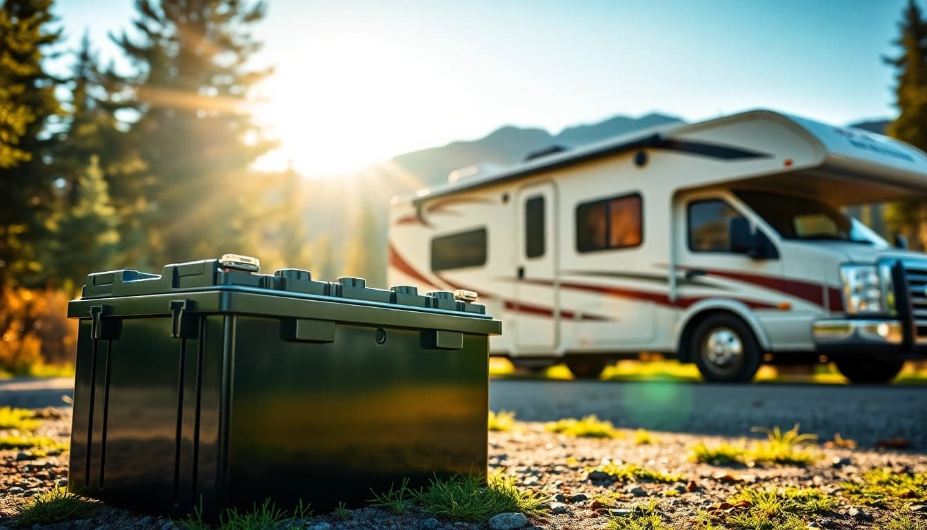 Showcasing lithium RV batteries with sleek design and robust features in a modern camper setting.