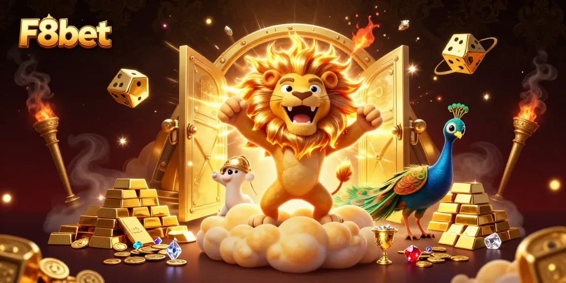 Experience F8bet's thrilling casino atmosphere with golden treasures and vibrant characters.