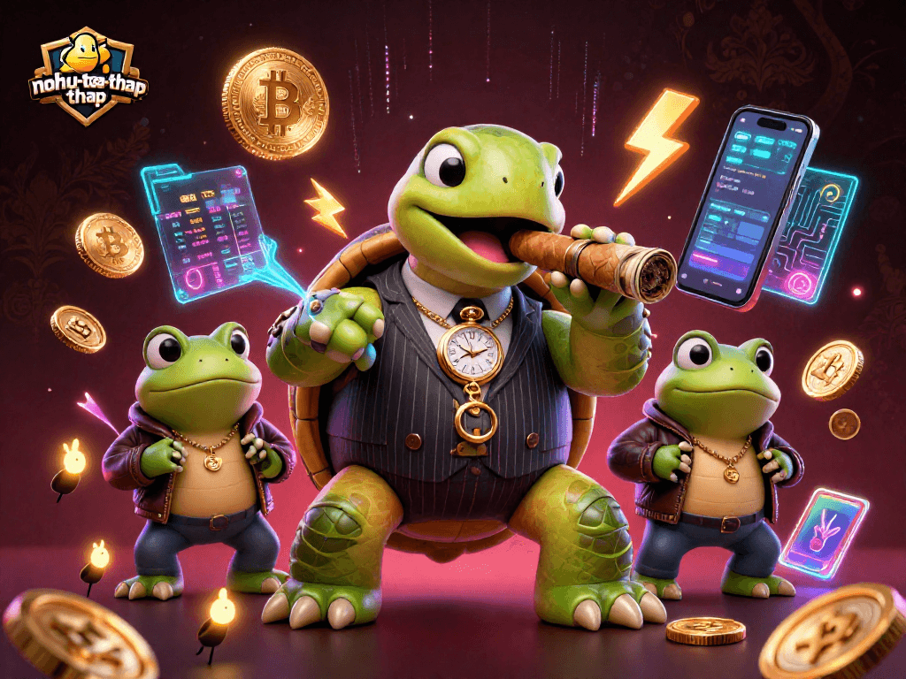 Nohu-toa-thap showcases a 3D cartoon snapping turtle in a mobster suit enjoying his winnings at a vibrant casino.