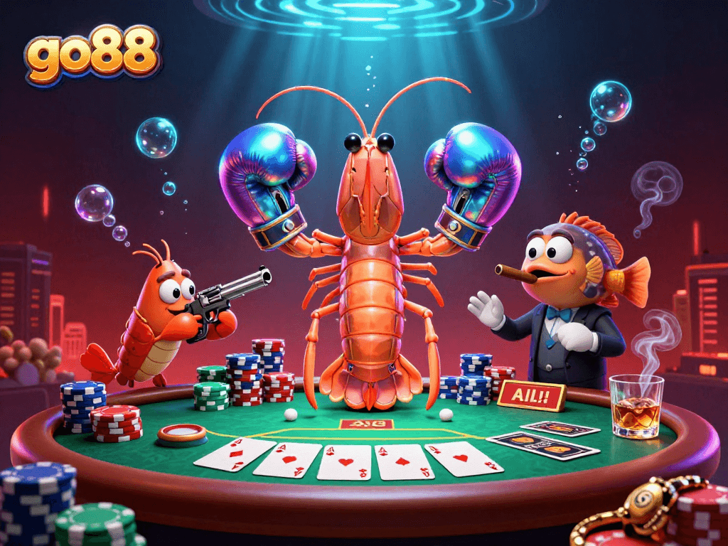 Engage in exciting gameplay with go88 at a vibrant casino scene featuring iconic poker characters.