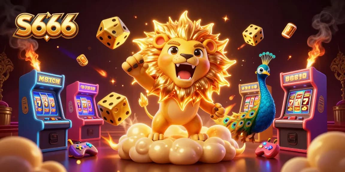 S666 experiences thrilling slot adventures with a roaring lion and golden dice in an exciting casino scene.