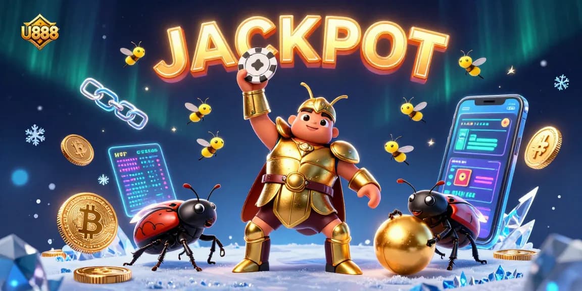 Win big with U888 in this vibrant 3D illustration showcasing victory and jackpots!