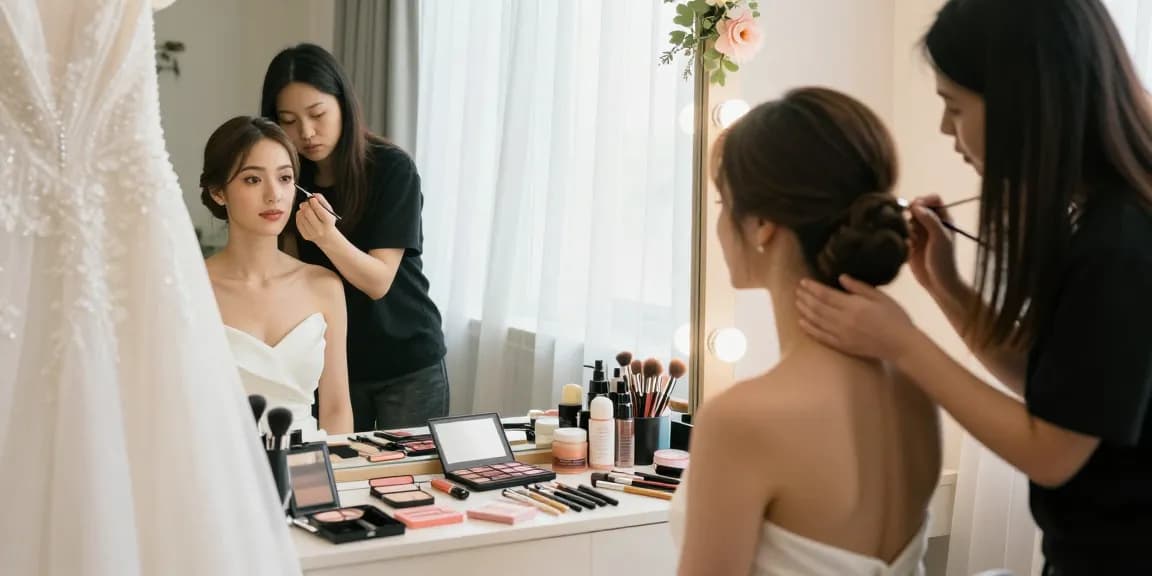 Trucco sposa in un ambiente elegante con truccatrice e prodotti di bellezza