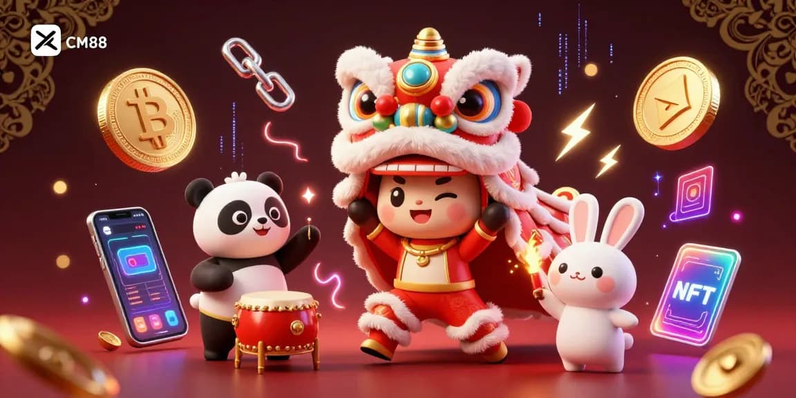 Engage with CM88's exciting lion dance-themed casino experience featuring vibrant crypto elements.