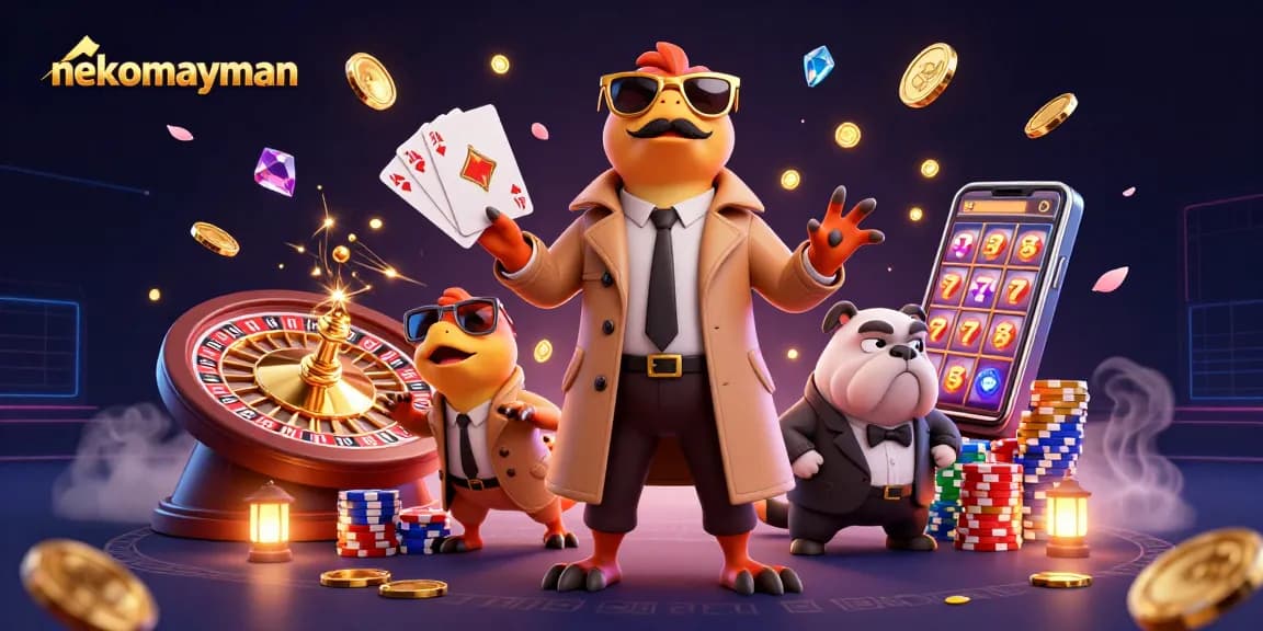 NekoMayman invites players to win big with thrilling slots, surrounded by dazzling casino elements.