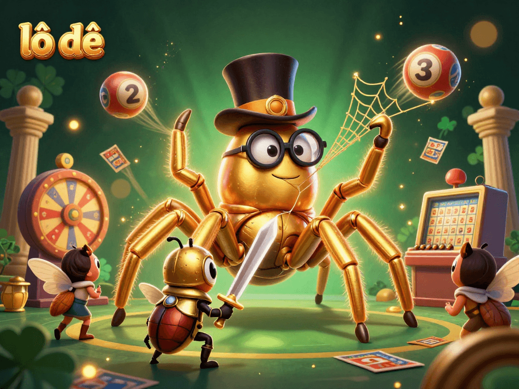 Engage with lô đề lottery excitement featuring a golden tarantula and knight in an enchanting casino scene.