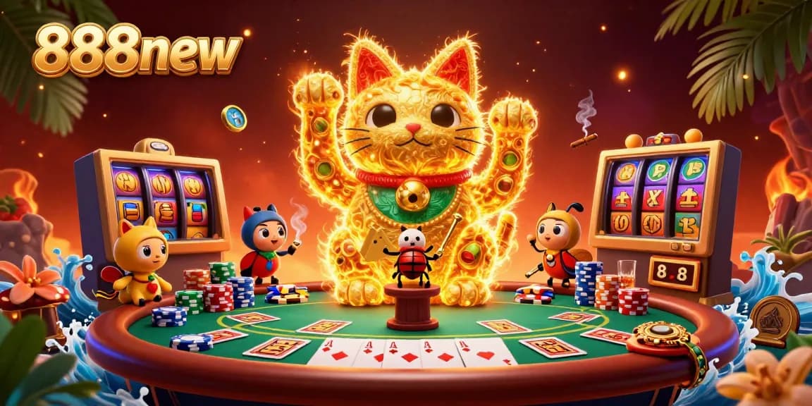 Engage with 888new's vibrant casino scene featuring a giant lucky cat and dynamic poker elements.
