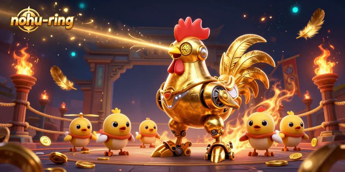 Nohur-ring showcases a vibrant scene with a golden rooster robot blasting lasers in an epic casino setting.