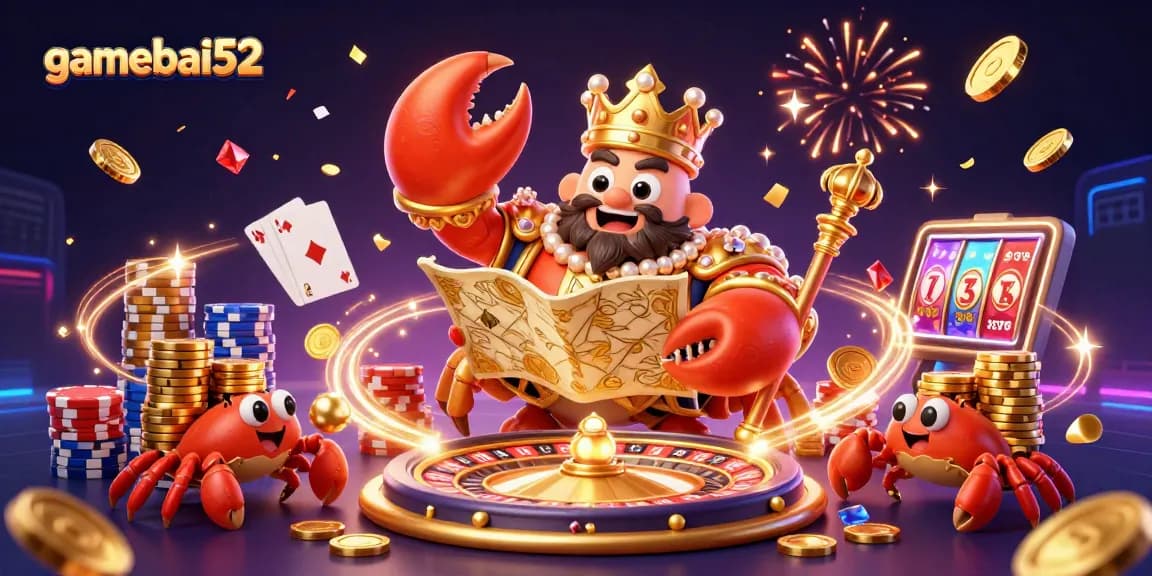 Experience thrilling gameplay at gamebai52 with a massive golden crab emperor and vibrant casino elements.