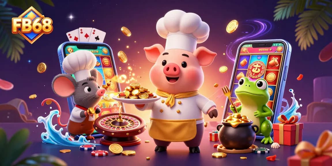 Experience the excitement of FB68 with a vibrant 3D casino scene showcasing a chef pig and gaming elements.