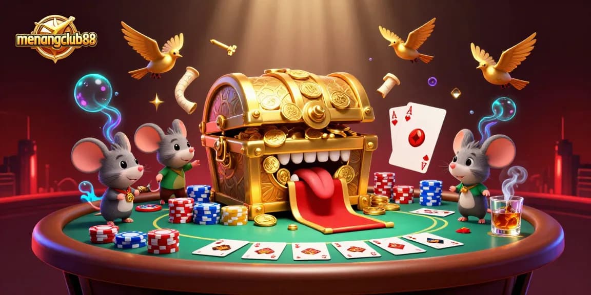 Experience the excitement of menangclub88 with a treasure chest and poker elements in a vibrant casino scene.