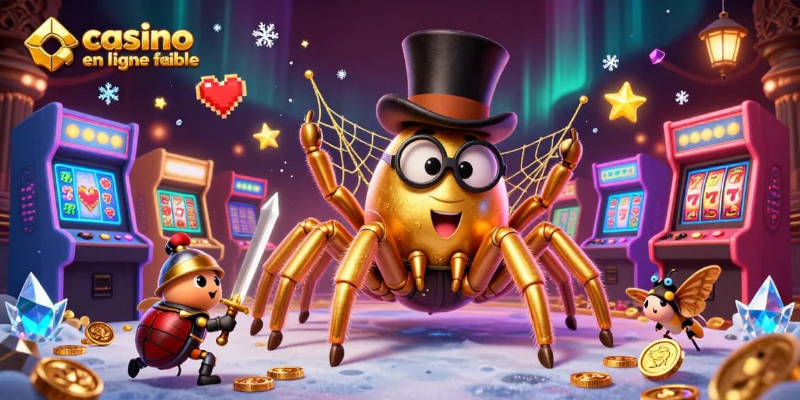 Admirez le tarantule dorée dans un casino en ligne fiable, entouré de jeux colorés.