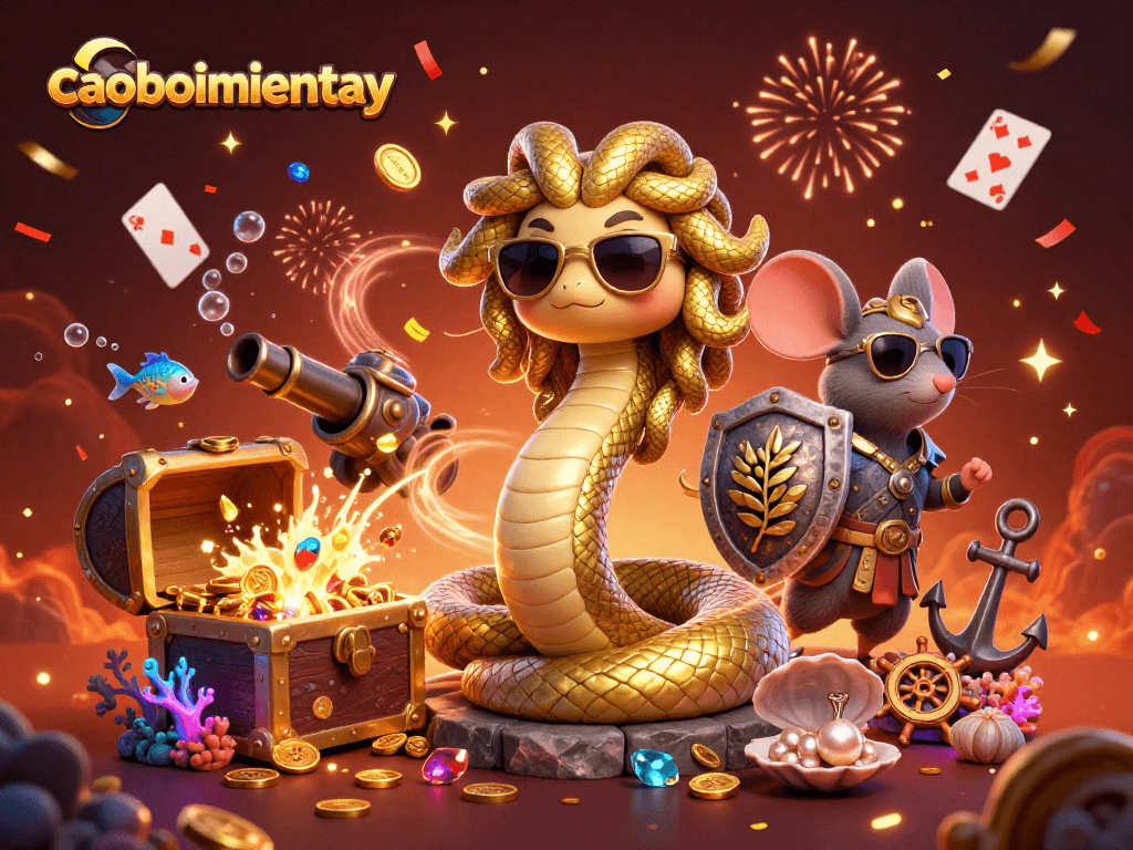 Join the caoboimientay adventure with Medusa and a warrior mouse in a vibrant casino treasure hunt.