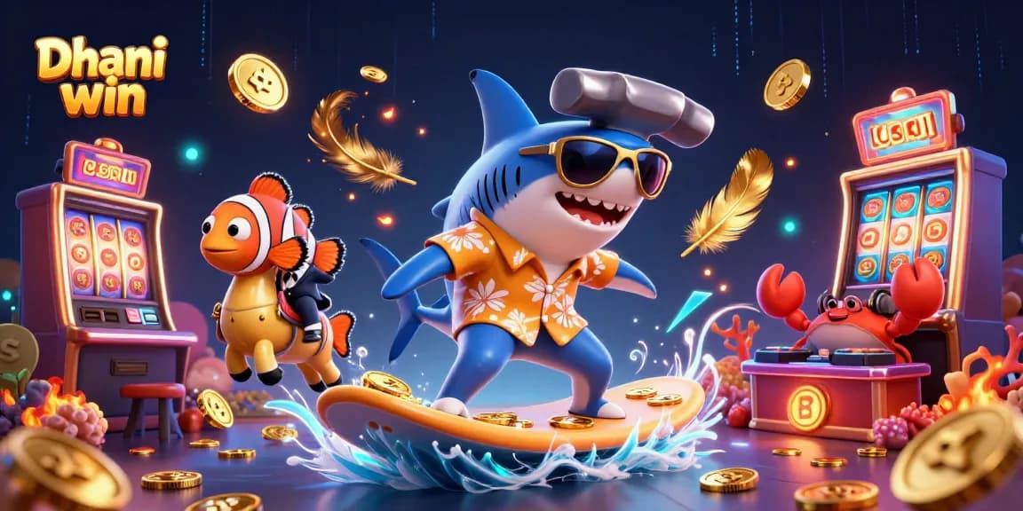 Dhani win features a vibrant 3D casino illustration with characters enjoying exciting games, representing thrilling gameplay.