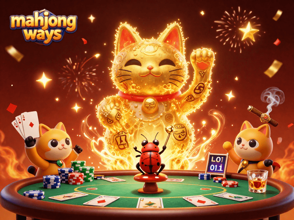 Experience the thrill of mahjong ways with a golden lucky cat and vibrant casino symbols.