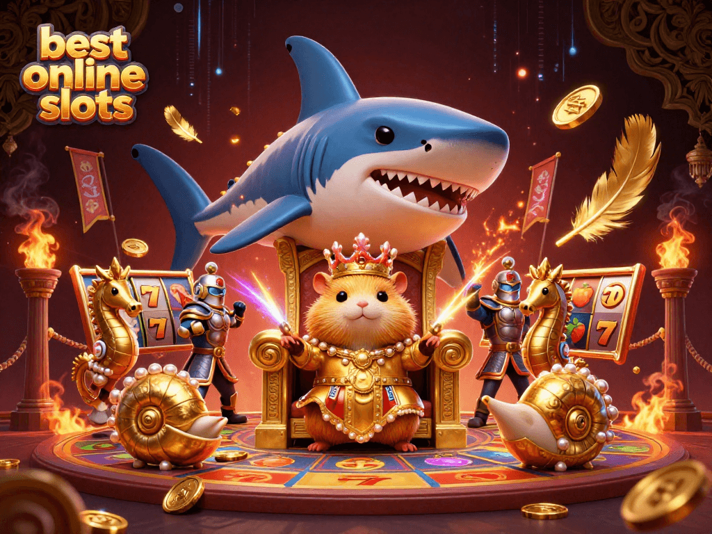 Play the best online slots with an enthralling scene of a golden hamster king surrounded by casino elements.