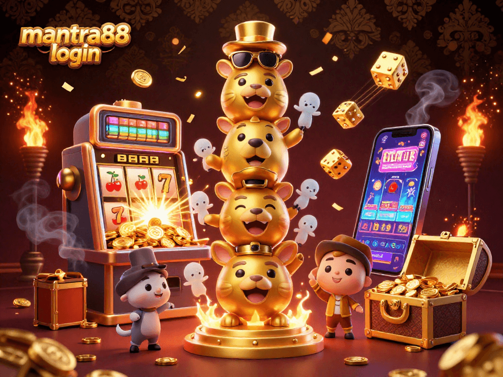 Spin the reels and enjoy top gaming thrills with mantra88 login at this vibrant casino illustration.