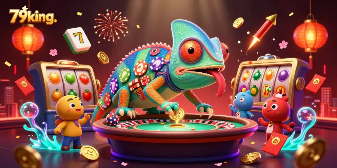 Engage with 79king. as a lively chameleon casino owner welcomes players amidst vibrant slot reels.
