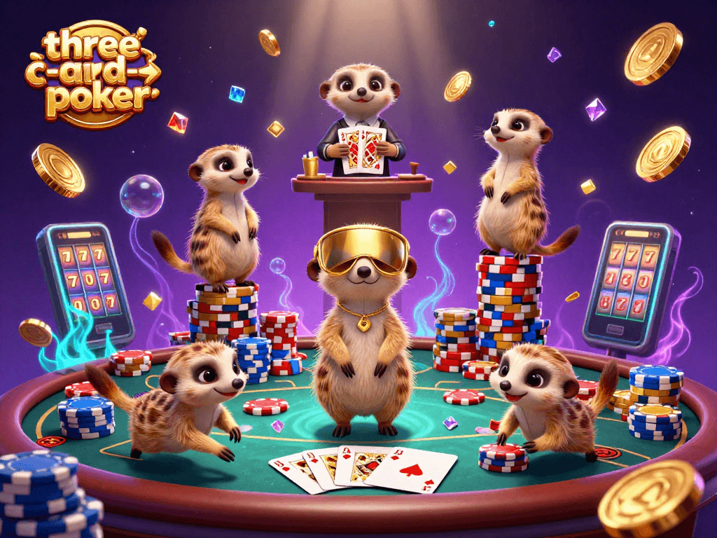 Engage in three-card-poker action with meerkat dealers and vibrant casino elements.