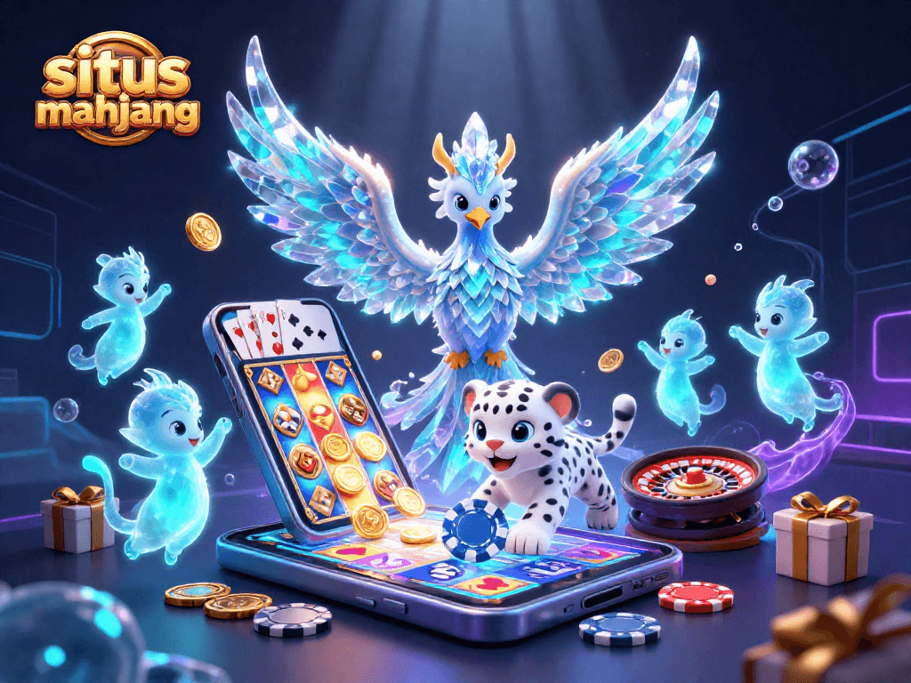 Situs mahjong illustration showcases an engaging scene with an ice phoenix and playful elements in casino-themed graphics.
