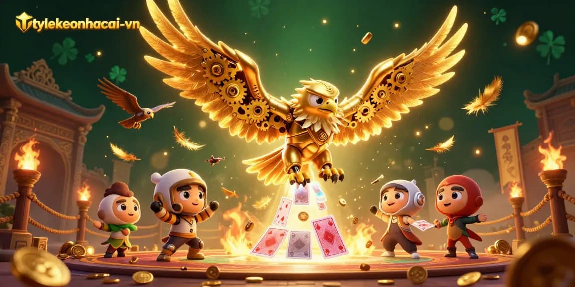 Engage with tylekeonhacai-vn in this dynamic casino-themed illustration featuring an eagle amidst colorful cards.