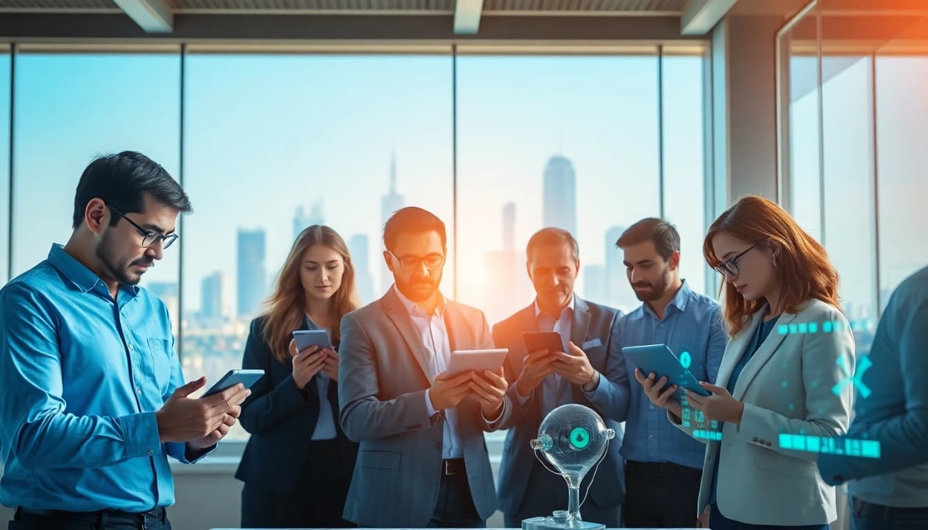 AI agents collaborating in a modern workspace with diverse digital tools and dynamic interactions.