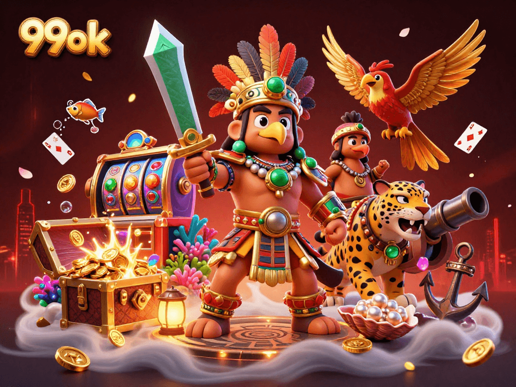 Celebrate wins at 99ok with a vibrant casino scene featuring warriors and treasures.