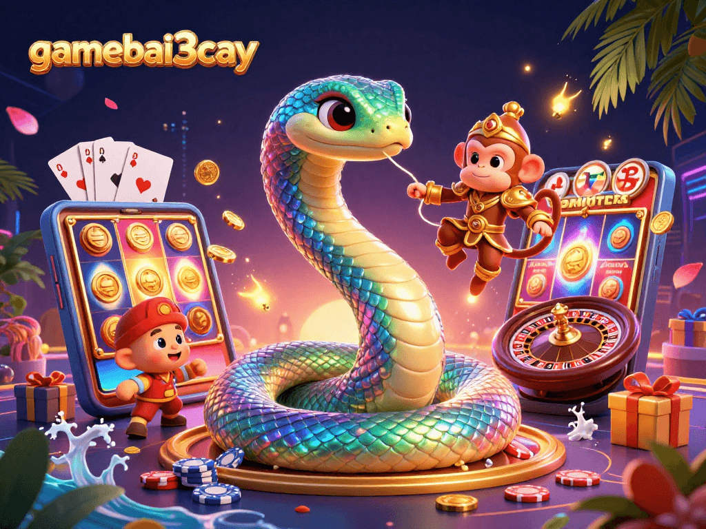 gamebai3cay slots action featuring a rainbow serpent and monkey king surrounded by vibrant casino elements