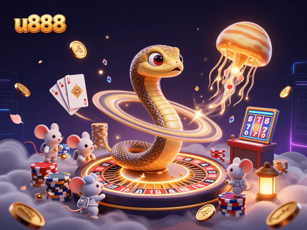 Experience thrilling gaming action with u888 in a vibrant, dynamic casino scene filled with cosmic elements