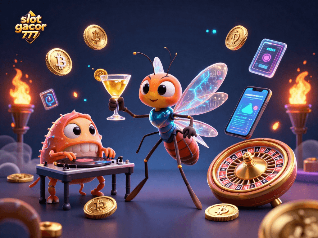 Engage with slot gacor 777 in a dynamic casino scene featuring unique characters and glowing elements.