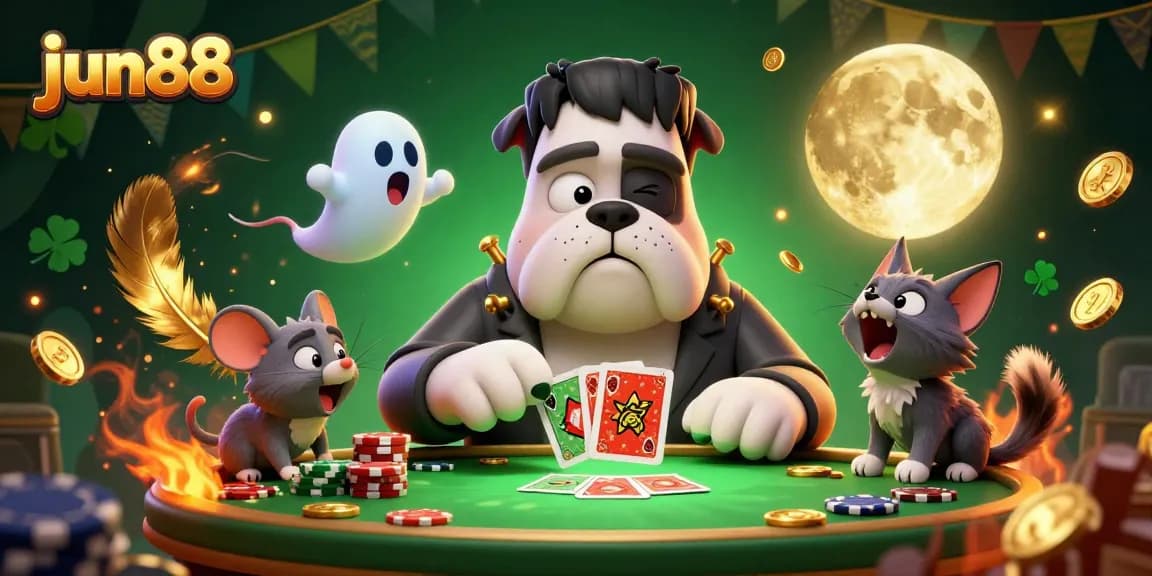 Join the fun at jun88, with a spooky casino scene featuring a bulldog monster and a floating ghost mouse!