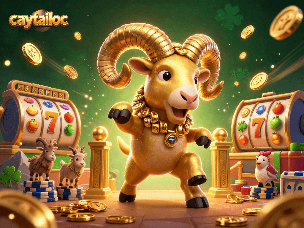 Caytailoc engages players with a vibrant jackpot scene featuring a golden ram and exciting slot reels.