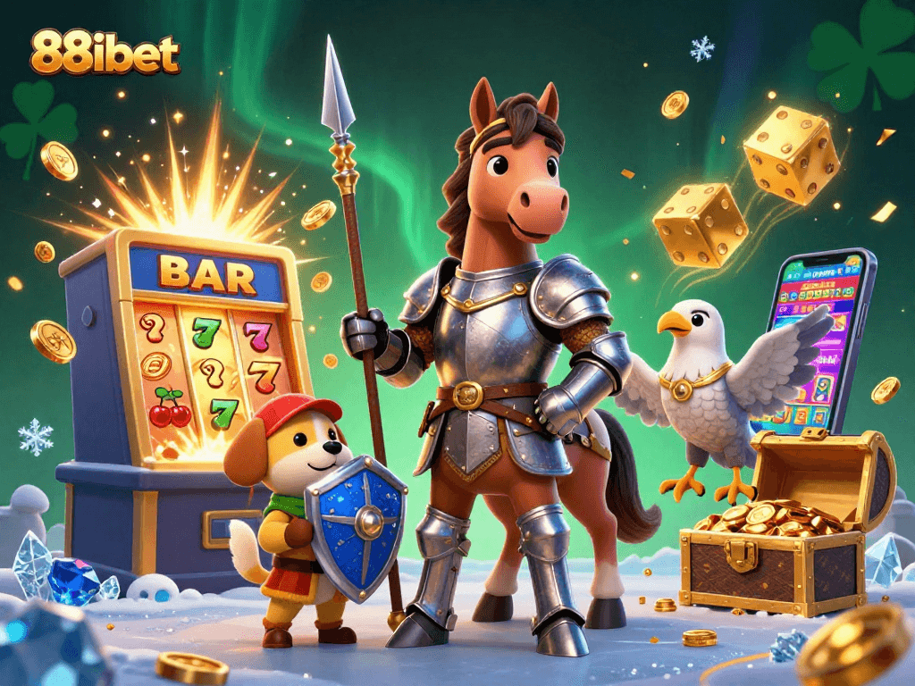 Win big at 88ibet with a vibrant 3D casino illustration featuring a knight and squire!
