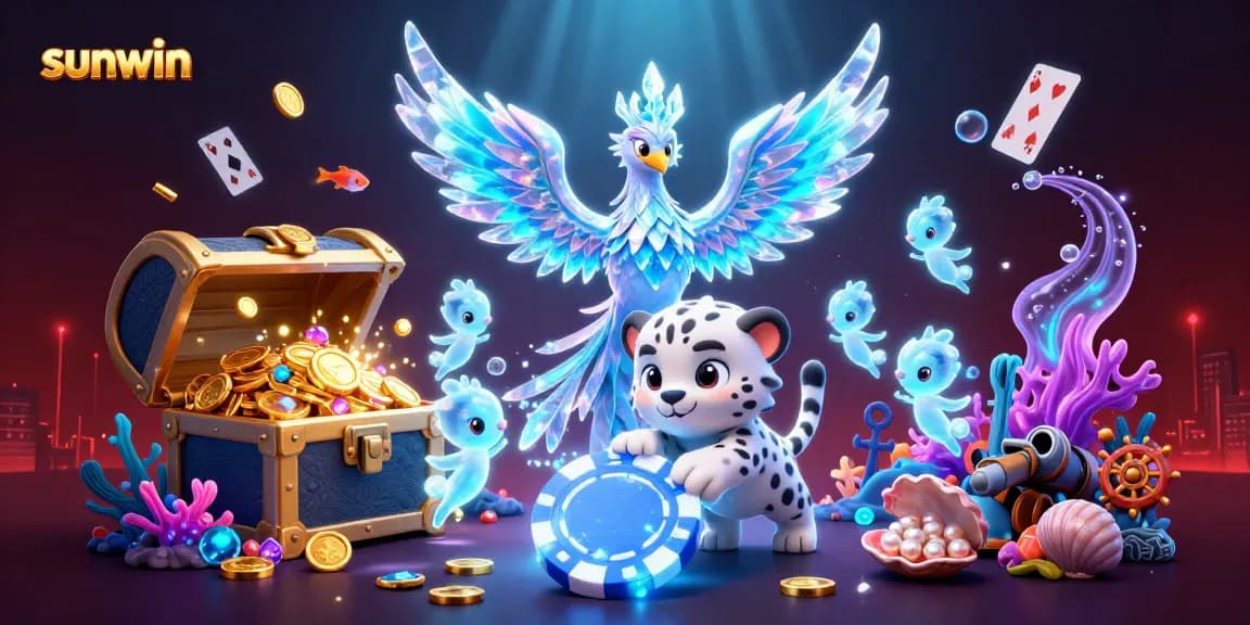 sunwin casino illustration featuring a radiant ice phoenix, poker chip, and sparkling sprites