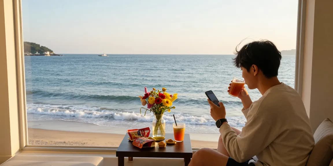Enjoying 여수오피 services with a stunning ocean view from a seaside balcony
