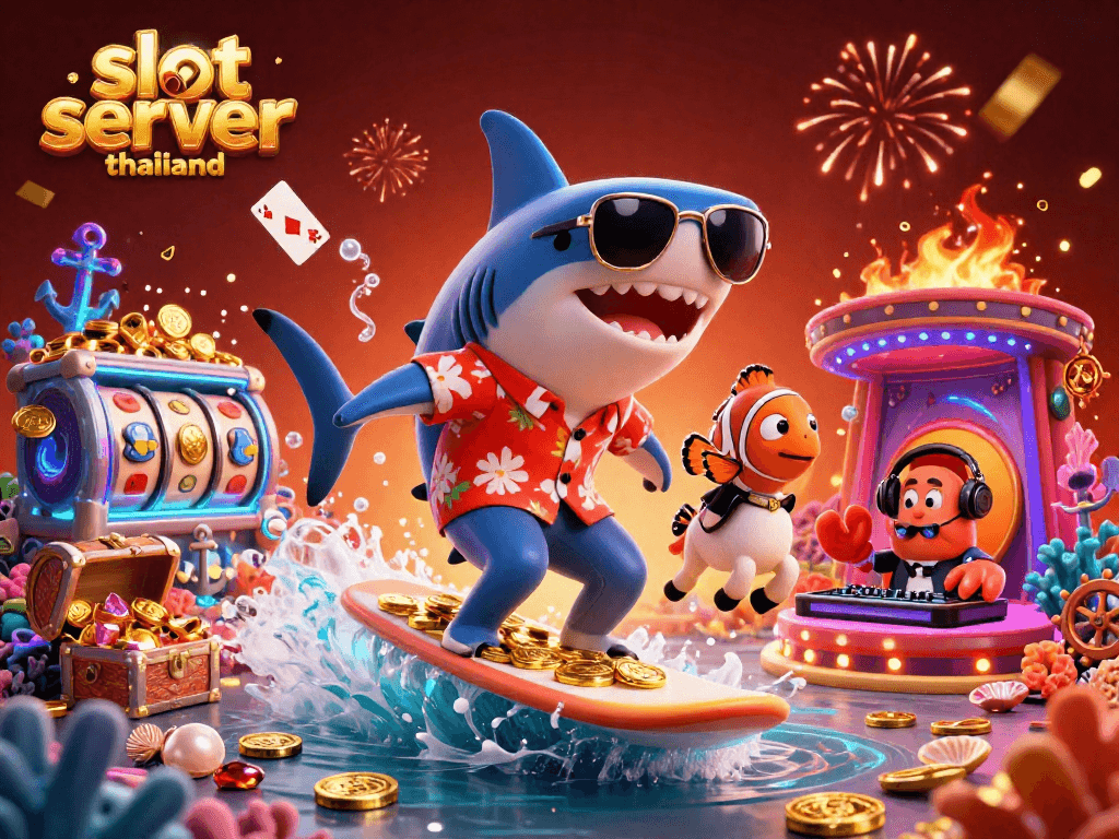Experience thrilling gameplay with slot server thailand as a shark surfs on gold coins amidst colorful gems and coral.