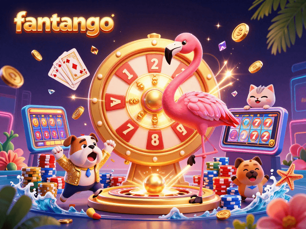 Experience the excitement of fantango with a game show host flamingo and vibrant casino elements.