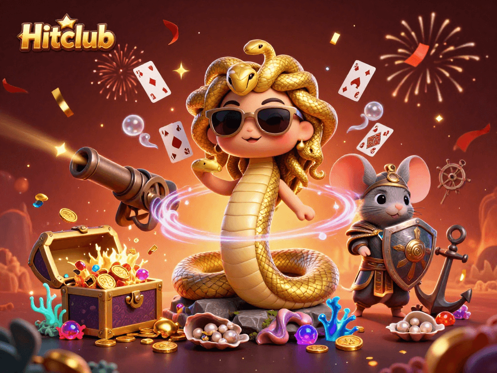 Hitclub showcases a vibrant 3D casino illustration with Medusa and playful elements, enhancing gaming excitement.