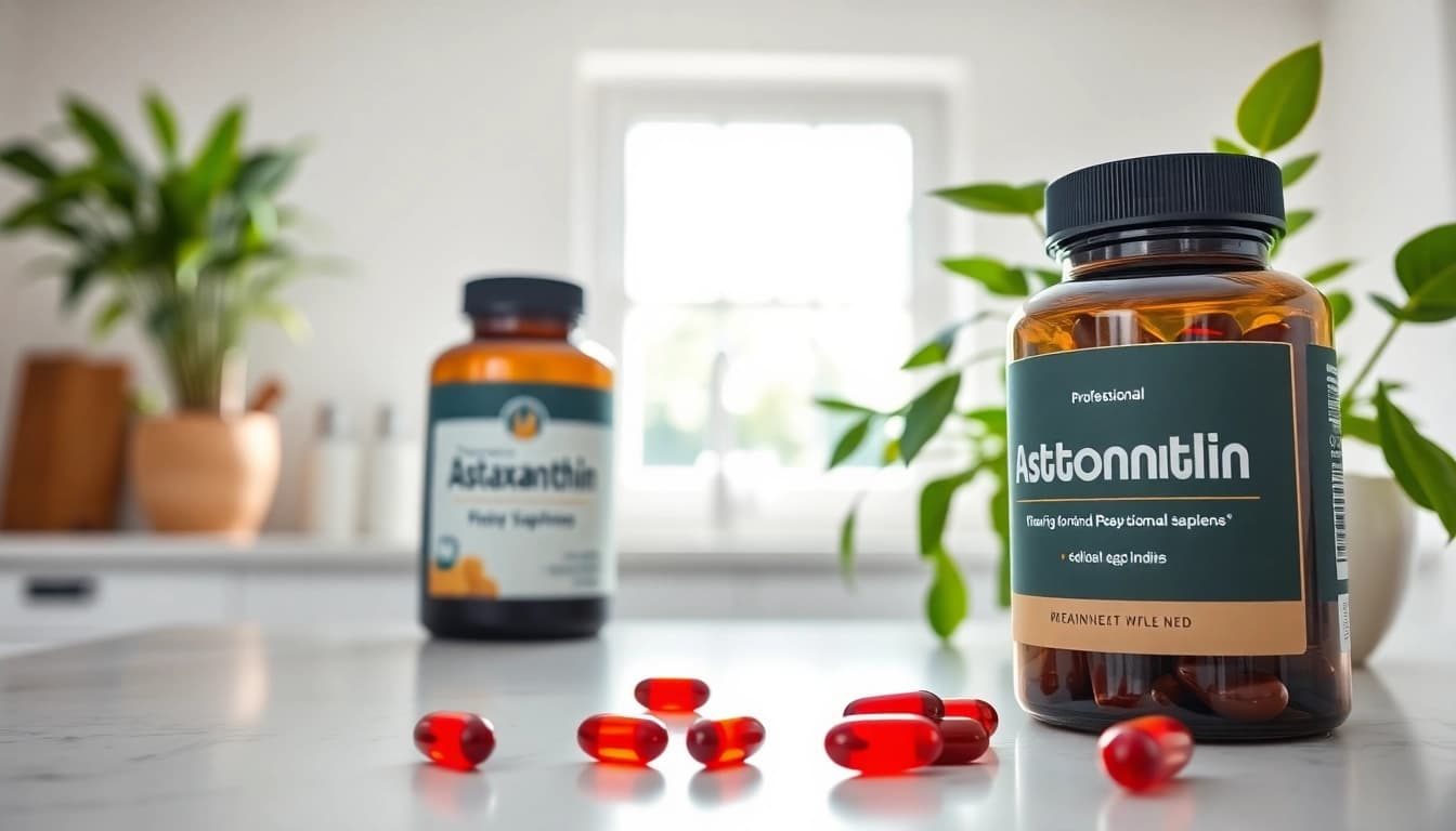 Visual of astaxanthin dosage guide featuring capsules and nutrition bottle.