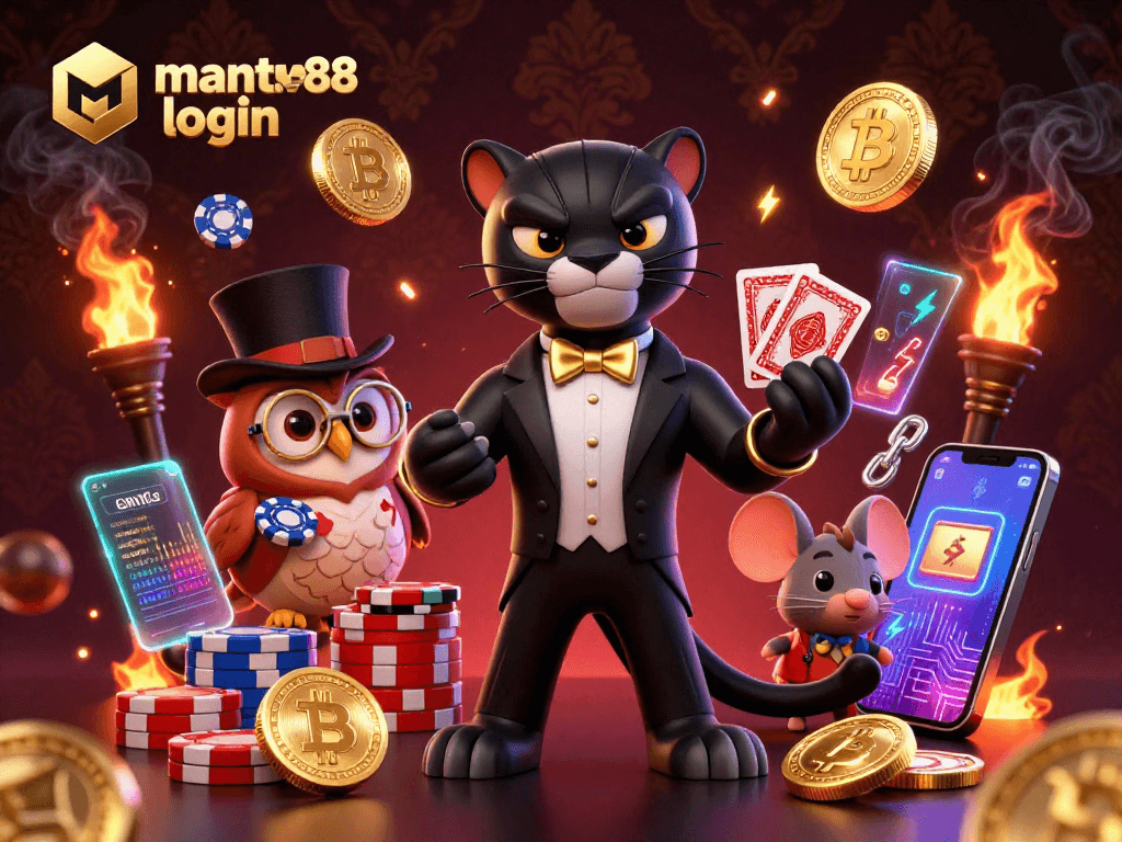 Experience seamless gaming with mantra88 login in a vibrant, animated casino scene.