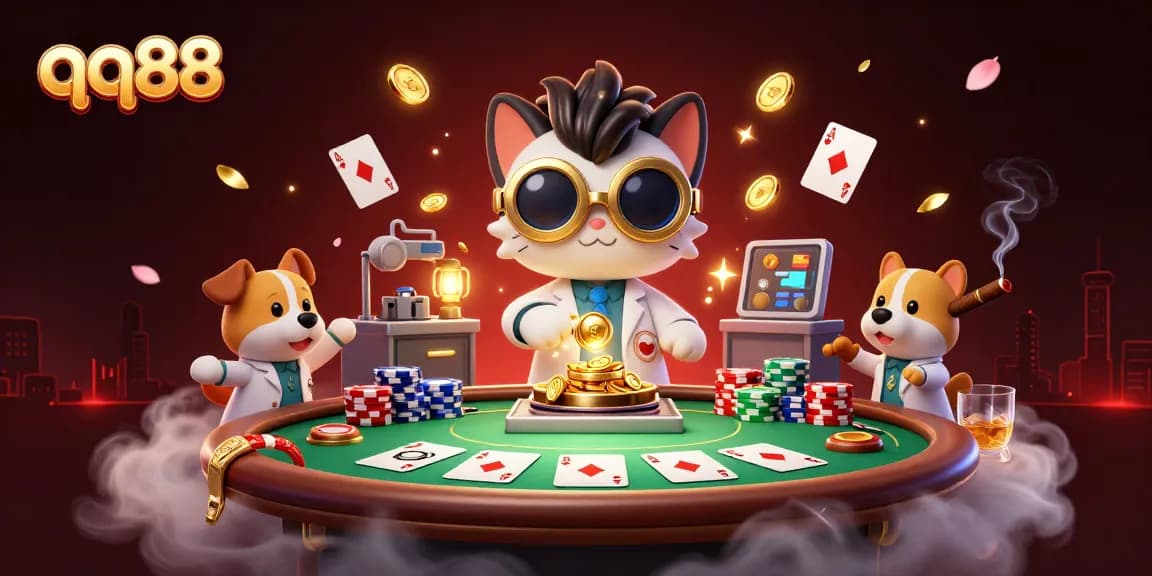 Spin the reels and play poker at qq88 with vibrant casino-themed characters.