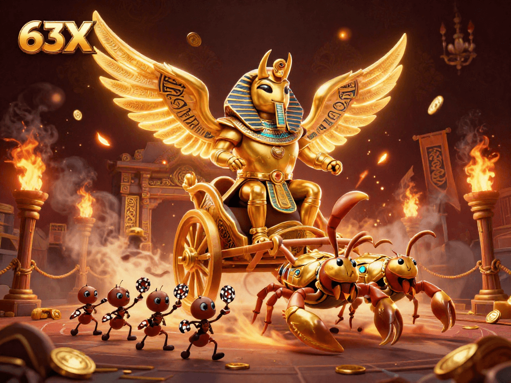 Ilustração 3D do 63X com besouro dourado e escorpiões, símbolos de jogo e elementos de cassino