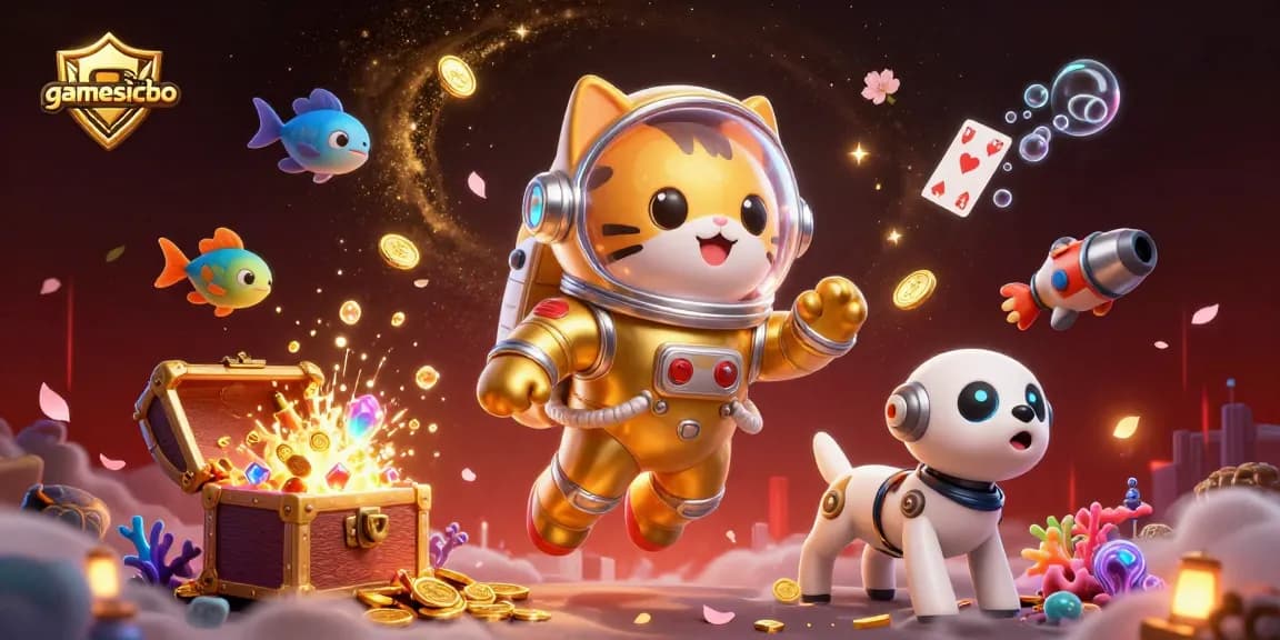 Play gamesicbo with gold coins and colorful gems surrounding a floating astronaut cat and robot dog.