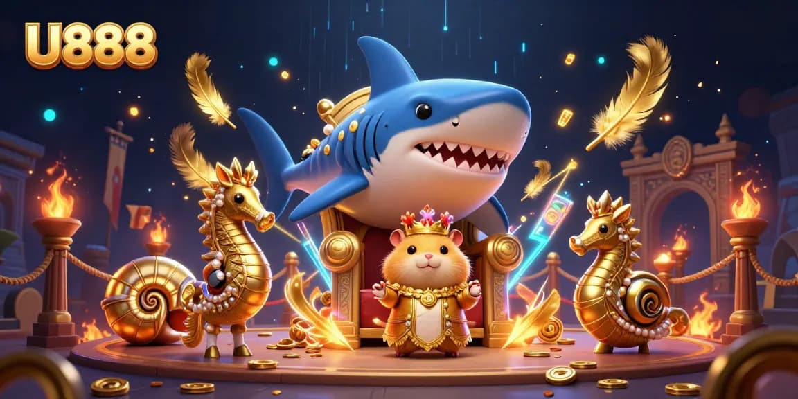 Experience the thrilling world of U888 with a hamster king and his royal guards in an exciting casino setting.