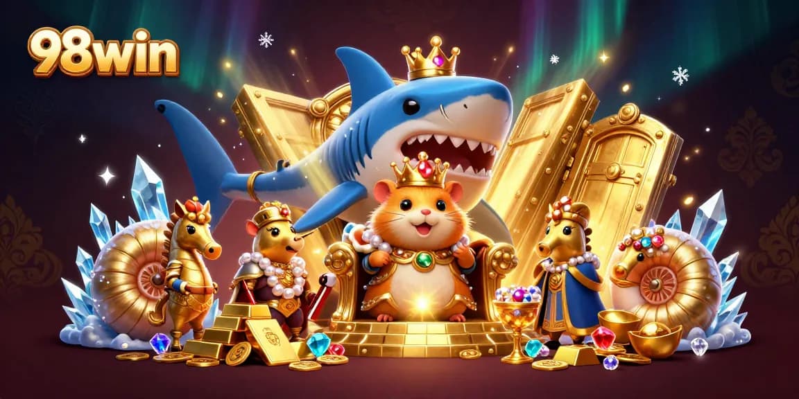 Engage with 98win's exciting world of prizes featuring a golden hamster king in a vibrant casino scene.