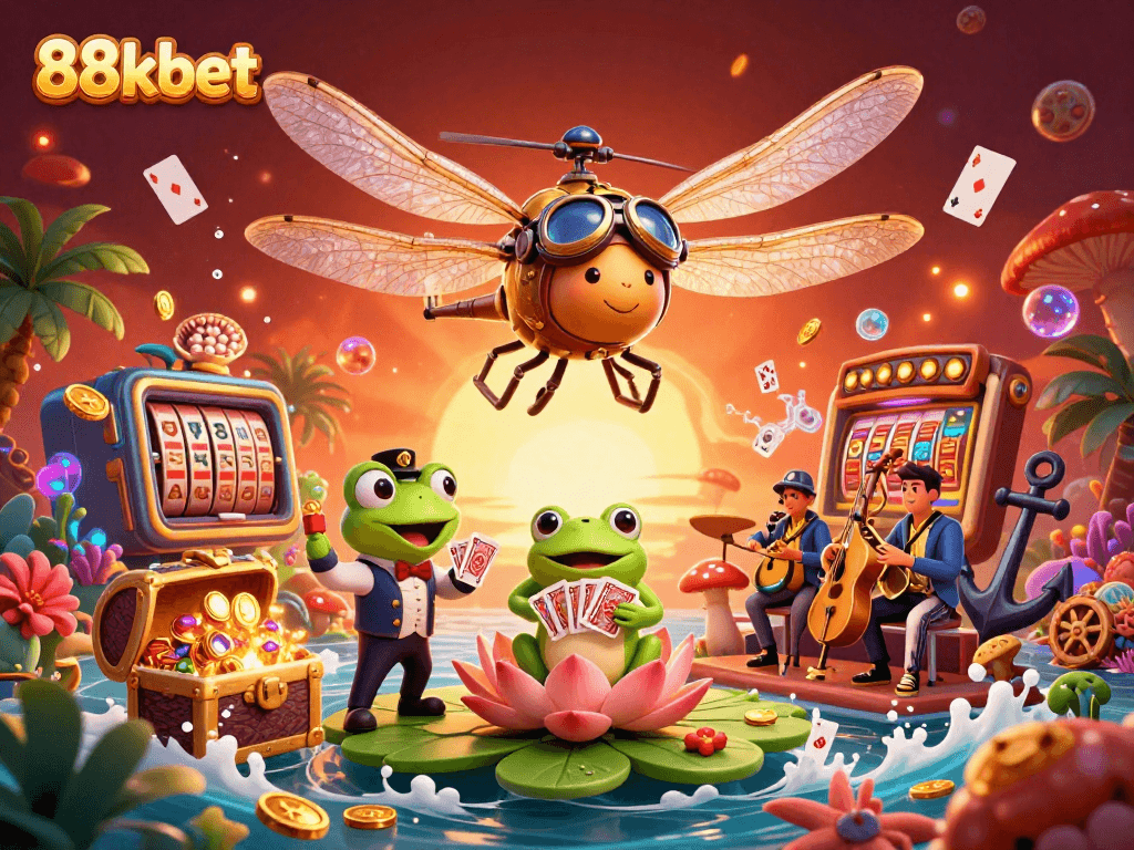 Experience the vibrant 88kbet online casino world as a dragonfly pilot hovers over a lily pad casino.