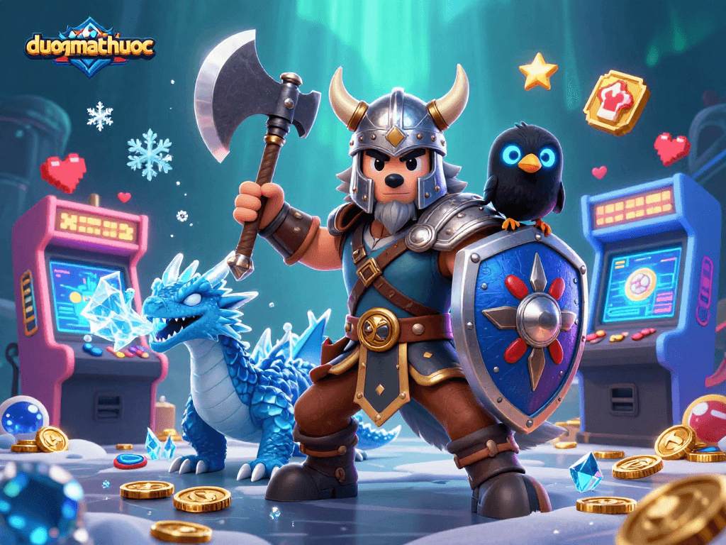Play duongmatchuoc with thrilling 3D heroes and vibrant arcade elements including coins and game machines.